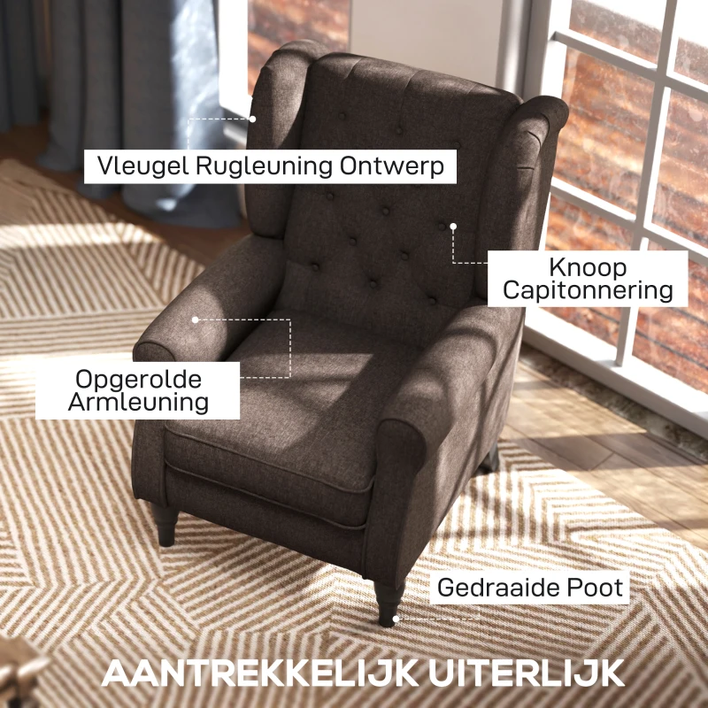 HOMCOM Elegante Oorfauteuil, Dik Gepolsterd, Afneembare Hoes, 74 x 86 x 102 cm, bruin(m-4)