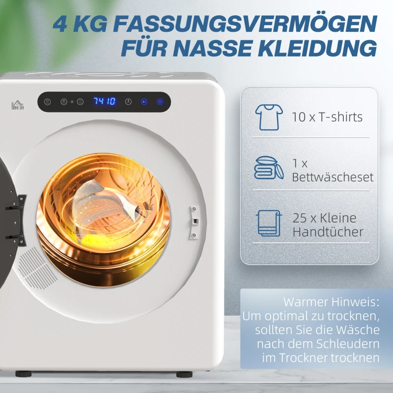 HOMCOM Wasdroger, 6 Programma's, 40-60℃, 4 kg capaciteit, compact, Touchbediening, Wit(m-5)