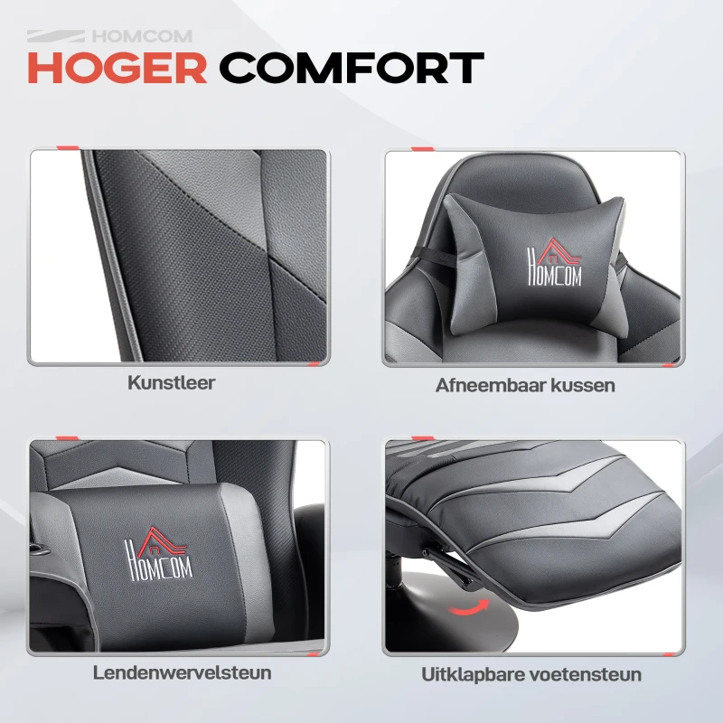 HOMCOM Gamingstoel met Massagefunctie, Kantelbare Leuning, Voetsteun, tot 120 kg, Stalen Frame, Kunstleer, Grijs(m-6)