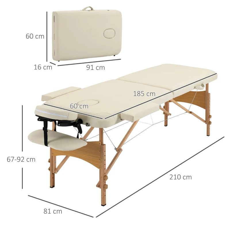 HOMCOM Massagetisch, klappbare Massageliege, höhenverstellbare Massagebank für Spa, Salon, Kunstleder, Holz, Cremeweiß(m-3)