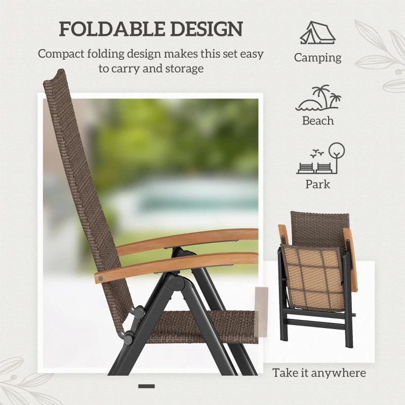 Outsunny 2 Pieces Folding Rattan Garden Dining Chairs with 5-level Reclining High Back, Wood Armrests for Outdoor - Brown