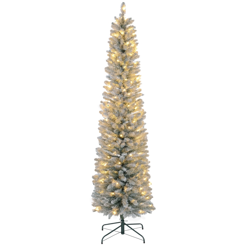 HOMCOM Árbol de Navidad Artificial Nevado 210 cm con 180 Luces LED 405 Ramas y Patas de Metal para Salón Verde y Blanco
