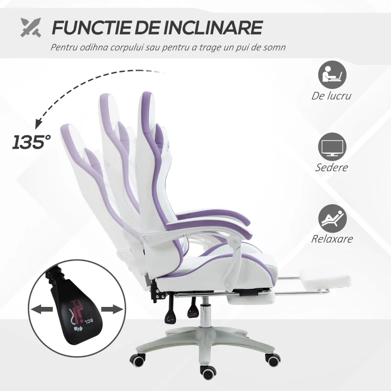Vinsetto Scaun Gaming Reglabil pe Înălțime cu Tetieră, Alb și Mov