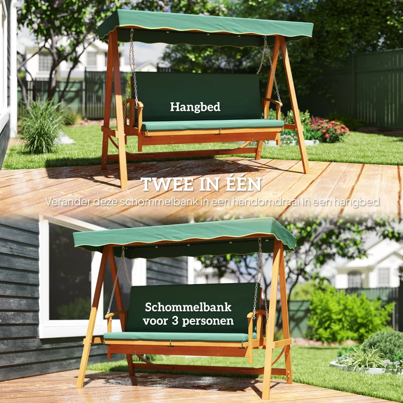 Outsunny Hollywoodschommel met Zonnedak, Echthouten Tuinschommel, Schommelbank met Ligfunctie, voor 3 Personen, Donkergroen