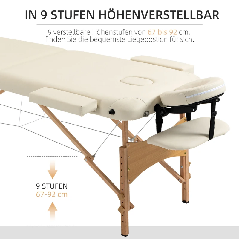 HOMCOM Massagetisch, klappbare Massageliege, höhenverstellbare Massagebank für Spa, Salon, Kunstleder, Holz, Cremeweiß(m-4)
