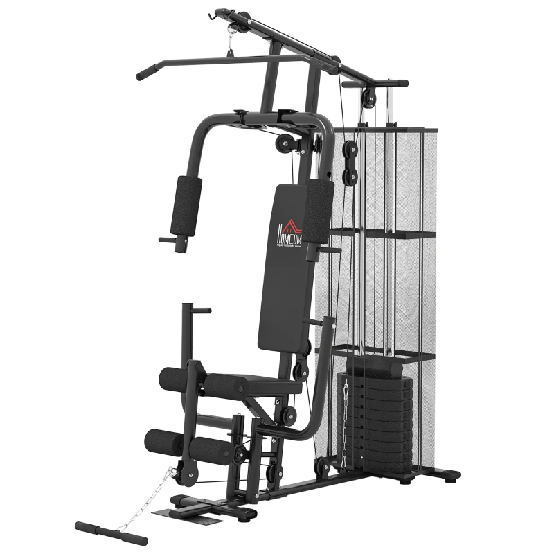 HOMCOM Station de musculation entrainement complet développé couché butterfly barre latissimus curler bande résistance 10 contrepoids 45 kg avec filet de protection acier noir(m-11)