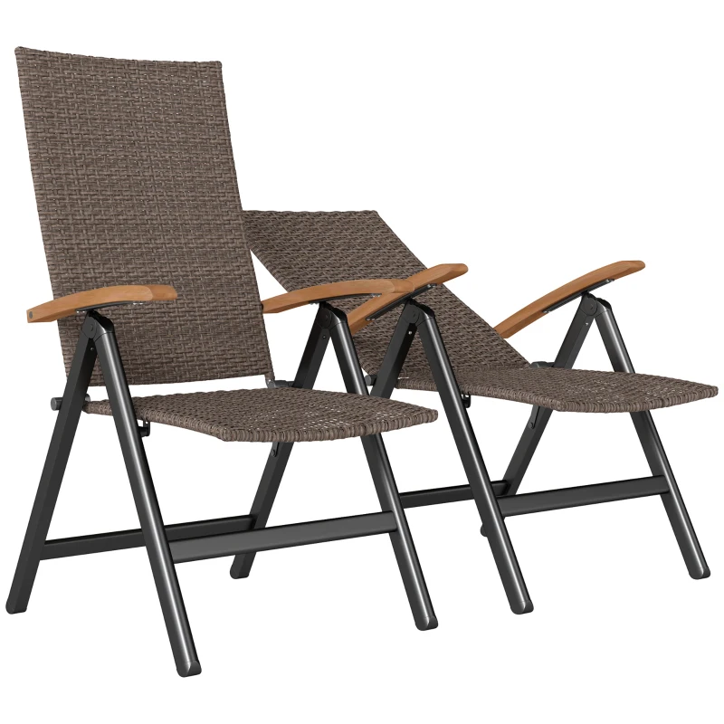 Outsunny 2 Pieces Folding Rattan Garden Dining Chairs with 5-level Reclining High Back, Wood Armrests for Outdoor - Brown