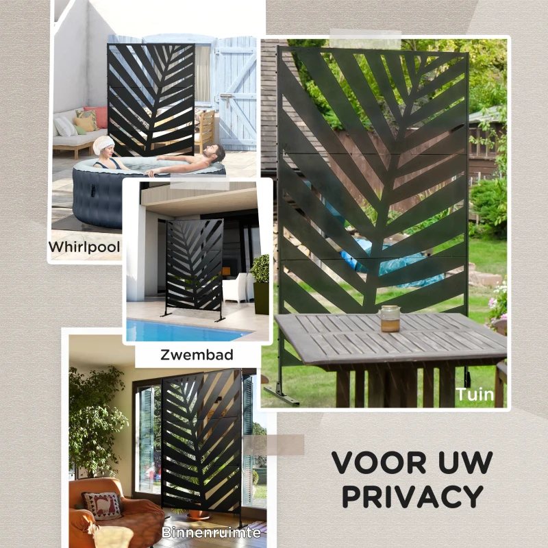 Outsunny Buitenscherm Privacy Stalen Frame Palmblad Silhouet 120x198 cm, Zwart