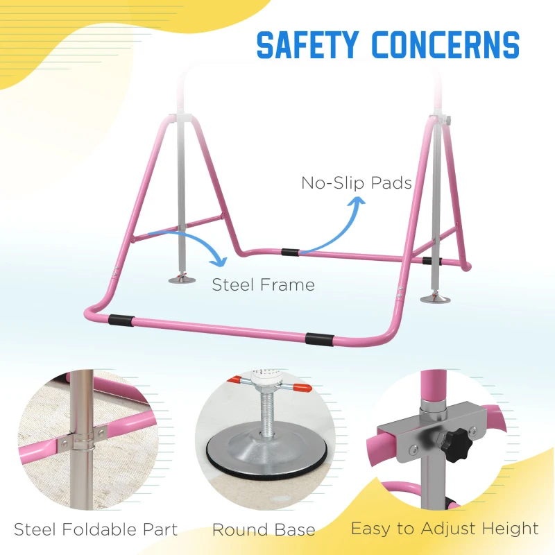 HOMCOM Bară de Tracțiuni Pliabilă pentru Copii, Bară de Gimnastică cu Înălțimi Reglabile și Structură din Oțel, 148x105x88-128 cm, Roz