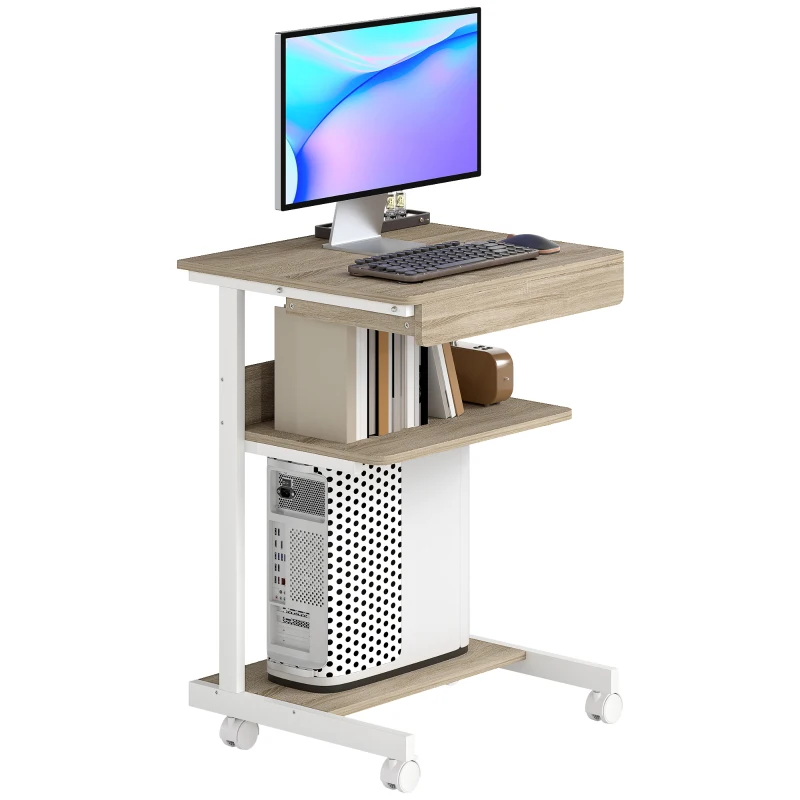 HOMCOM Scrivania PC con Cassetto Scorrevole, 2 Ripiani e 4 Rotelle, in Legno e Metallo, 56x51x79 cm, Bianco e Rovere
