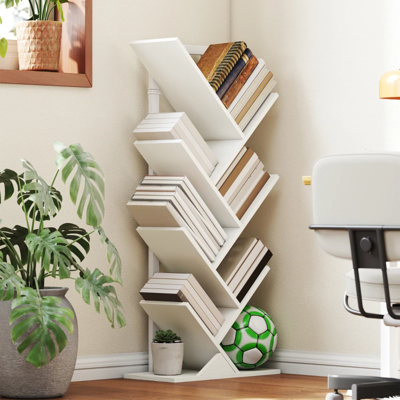 HOMCOM Libreria a Forma di Albero con 7 Ripiani e Sistema Anti-ribaltamento per Soggiorno Camera da Letto 50x24x109 cm Bianco