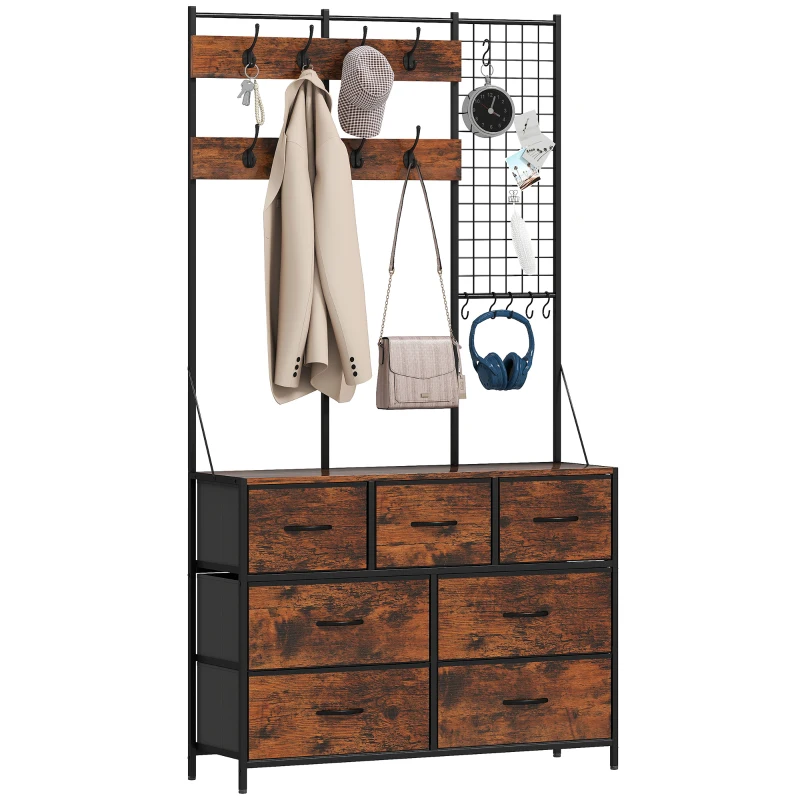 HOMCOM Flurmöbel 4 in 1, Garderobenständer, Garderobe mit 7 Stoffschubladen und 14 Haken, 100 x 30 x 183 cm, rustikales Braun