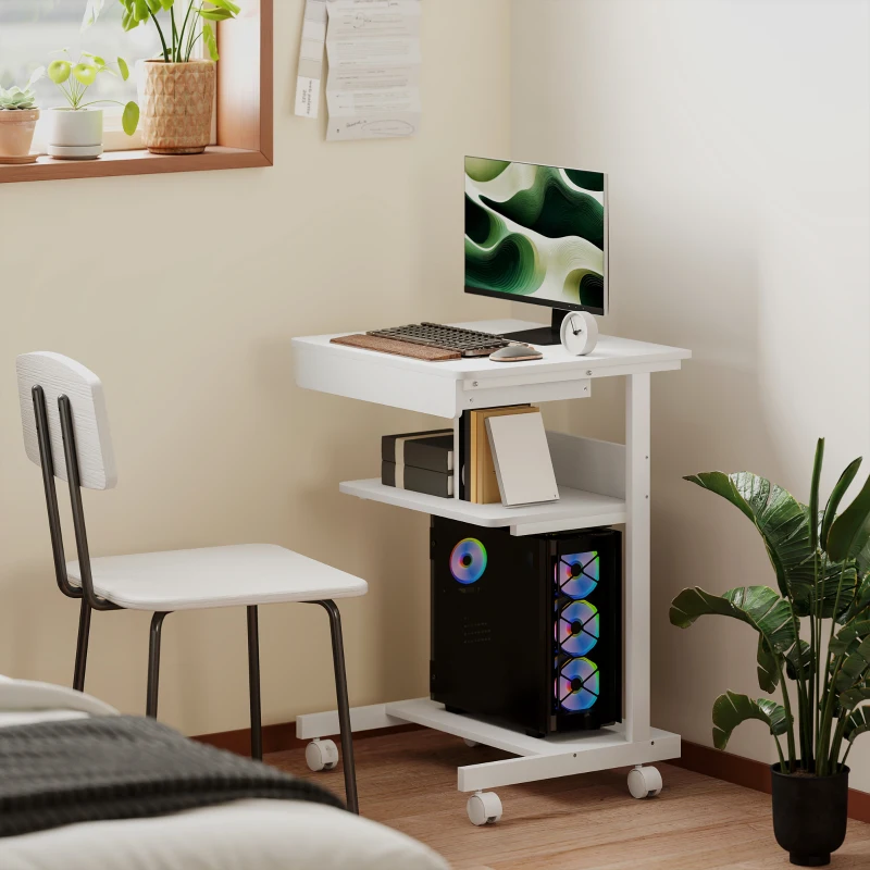 HOMCOM Bureau d'ordinateur sur roues, bureau avec rangement 56 x 51 cm avec tiroir, compartiment et support CPU, blanc