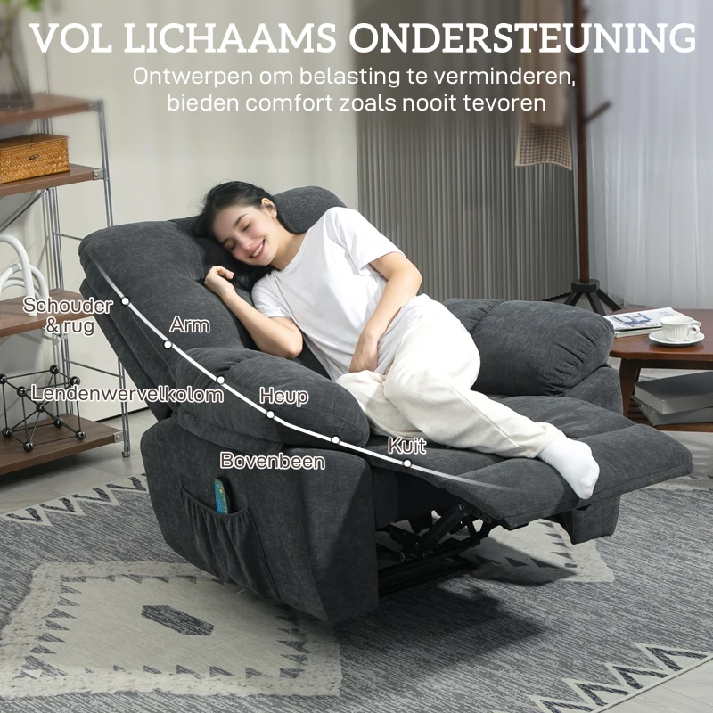 HOMCOM Relaxstoel met Massage, 8 Vibratiepunten, Verstelbare Voetsteun, Zijvak, Ligstoel, Grijs(m-5)