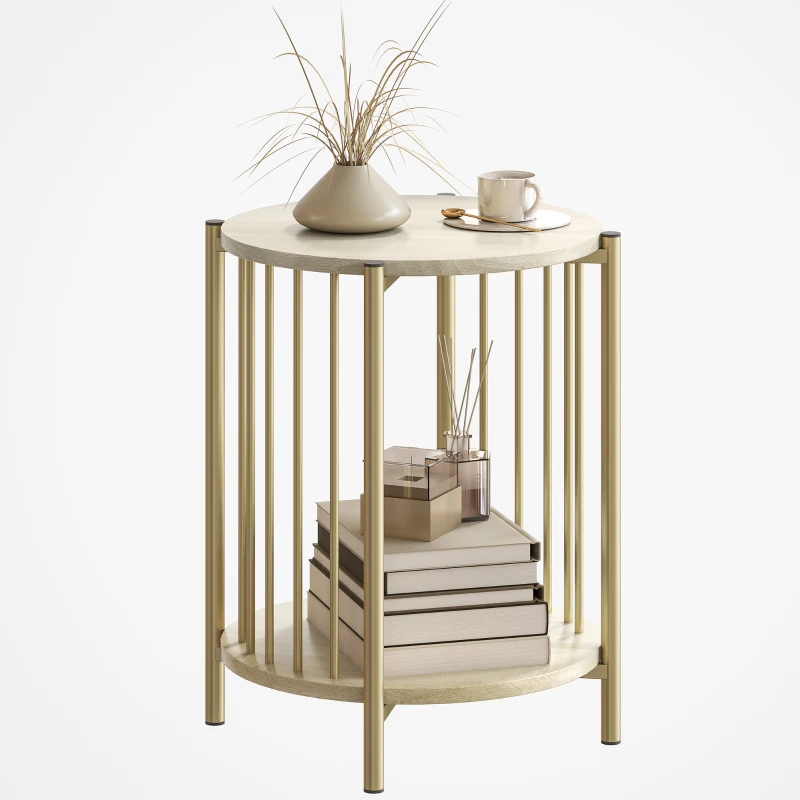 HOMCOM Tavolino Rotondo a 2 Piani con Ripiano di Stoccaggio e Struttura in Acciaio per Soggiorno Camera da Letto Ø41x49 cm Legno Naturale