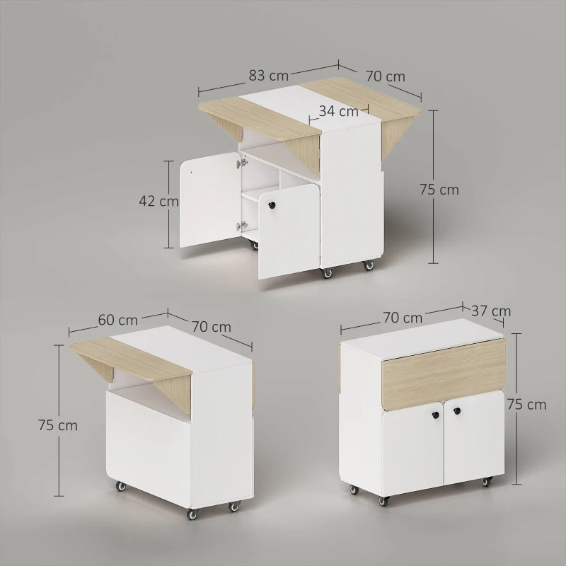 HOMCOM Mesa Plegable Armario con Ruedas, dos paneles de mesa plegables, compartimento de armario, 4 ruedas, Blanco + Madera natural, 70 x 83 x 75cm