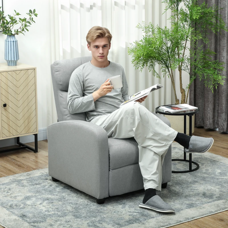 HOMCOM Fauteuil relaxant, réglable à 135°, repose-pieds extensible, accoudoirs rembourrés, lin-polyester, Gris clair
