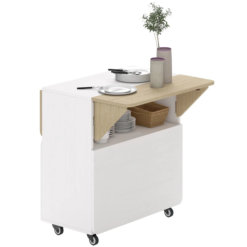 HOMCOM Table à Manger Pliante sur Roulettes, deux côtés de table pliables, Compartiment de rangement, 4 roulettes, Blanc+Bois naturel, 70 x 83 x 75cm