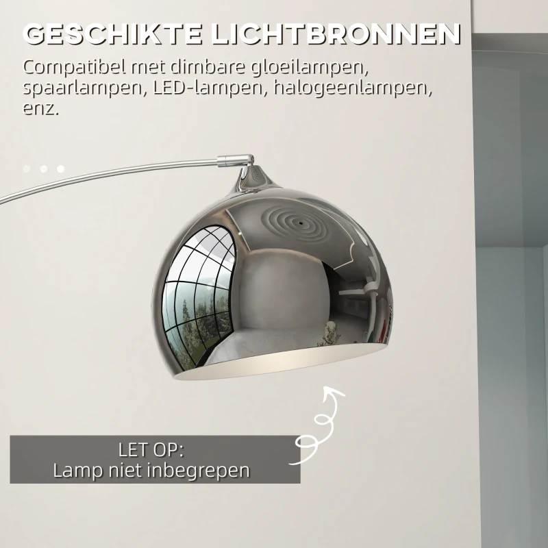 HOMCOM Booglamp, Staande Lamp, Verstelbaar, Voetschakelaar, Voet in Marmerlook, 170-180cm, Zilver/Zwart