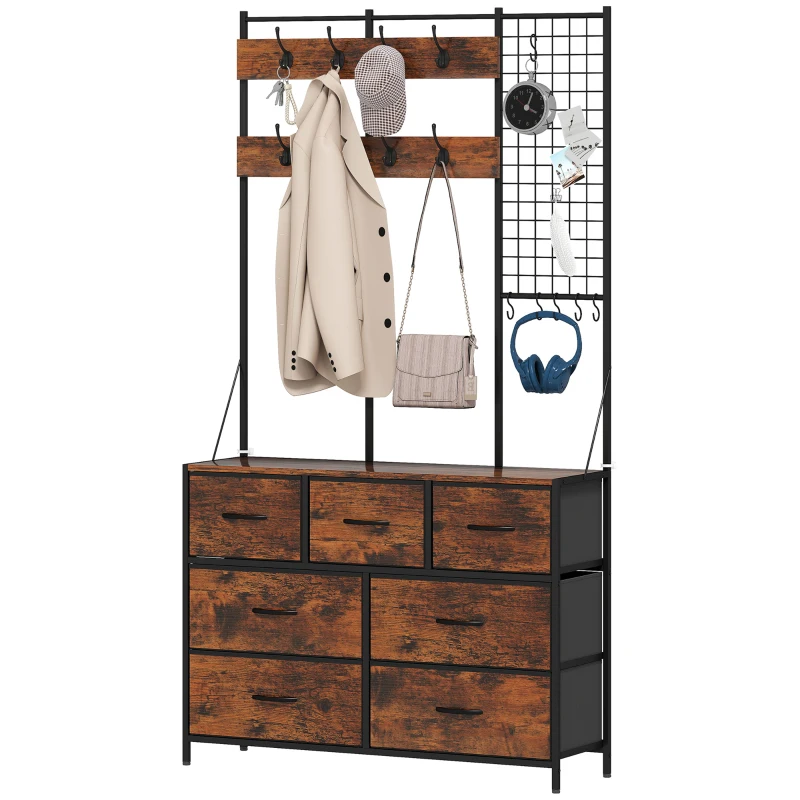HOMCOM Meuble d'entrée 4 en 1, portemanteau, vestiaire avec 7 tiroirs en tissu et 14 crochets, 100 x 30 x 183 cm, brun rustique
