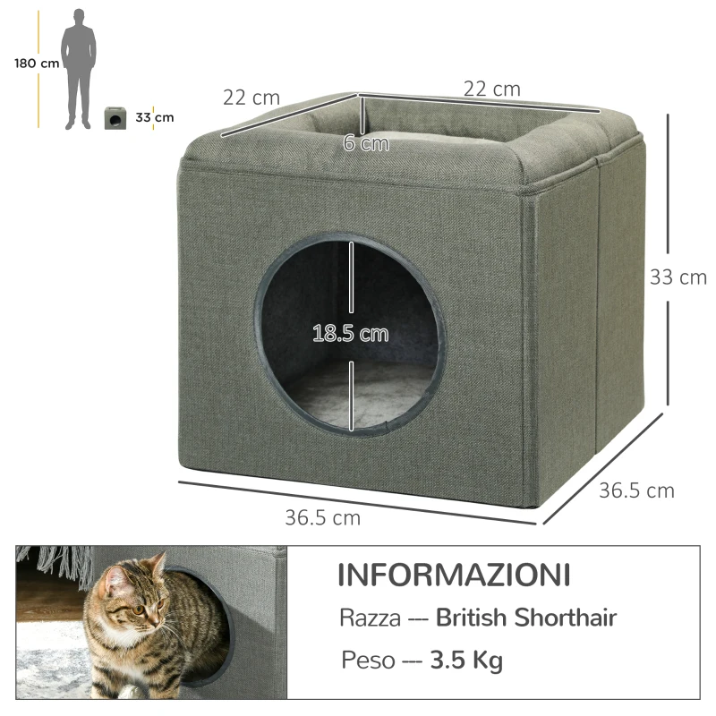 PawHut Casetta per Gatti a 2 Livelli con Cuscino in Peluche, in Legno, Poliestere e Plastica, 36.5x36.5x33 cm, Verde