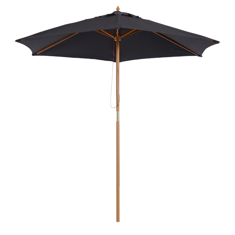 Outsunny Ombrellone da Giardino Rotondo con Palo in Legno, Ø2,5 m, Nero