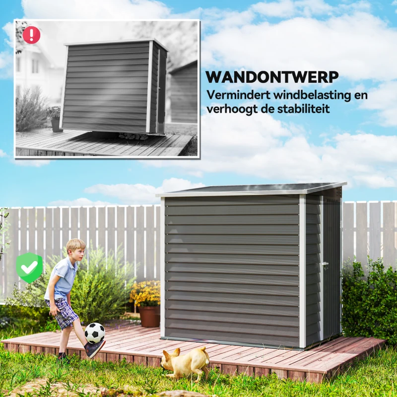 Outsunny Metalen Tuinschuur, Verzinkt Staal, Afsluitbare Deur, Eenvoudige Montage, 142 x 184 x 165/181 cm, Grijs(m-6)