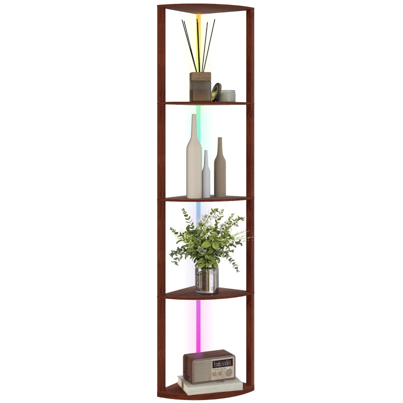 HOMCOM RGB LED Floor Lamp with Shelves, 5-Tier Dimmable Standing Lamp with Adjustable Brightness and Remote Control, Modern Corner Display Shelf Unit for Living Room Bedroom Office, Brown