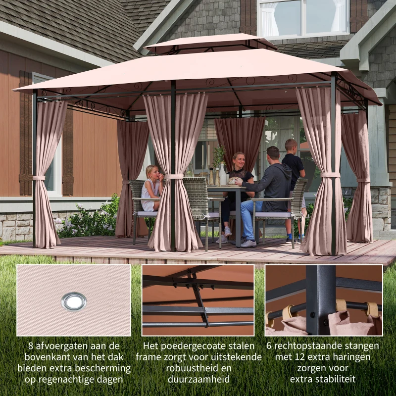 Outsunny Paviljoen 4 x 3 m tuinpaviljoen tuintent partytent met zijwanden staal koffie