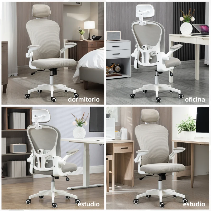 Vinsetto Silla de Oficina de Malla Silla de Escritorio Respaldo Alto Reposacabezas Ajustable Soporte Lumbar 4D 62x64x120 cm Gris