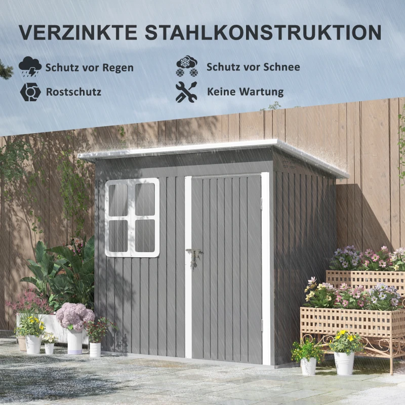 Outsunny Tuinschuur met raam, afsluitbare deur, voor tuin, terras, staal, 221L x 133B x 190H cm, Grijs