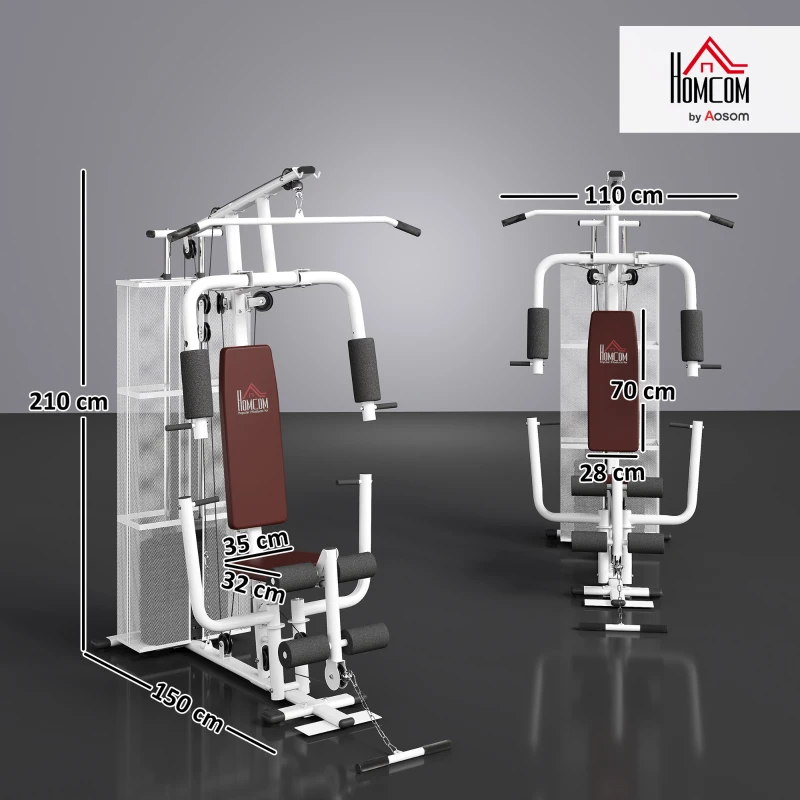 HOMCOM Stazione Fitness Multifunzione per Casa e Palestra con 4 Imbottiture, in Acciaio e PU, 150x110x210 cm, Bianco