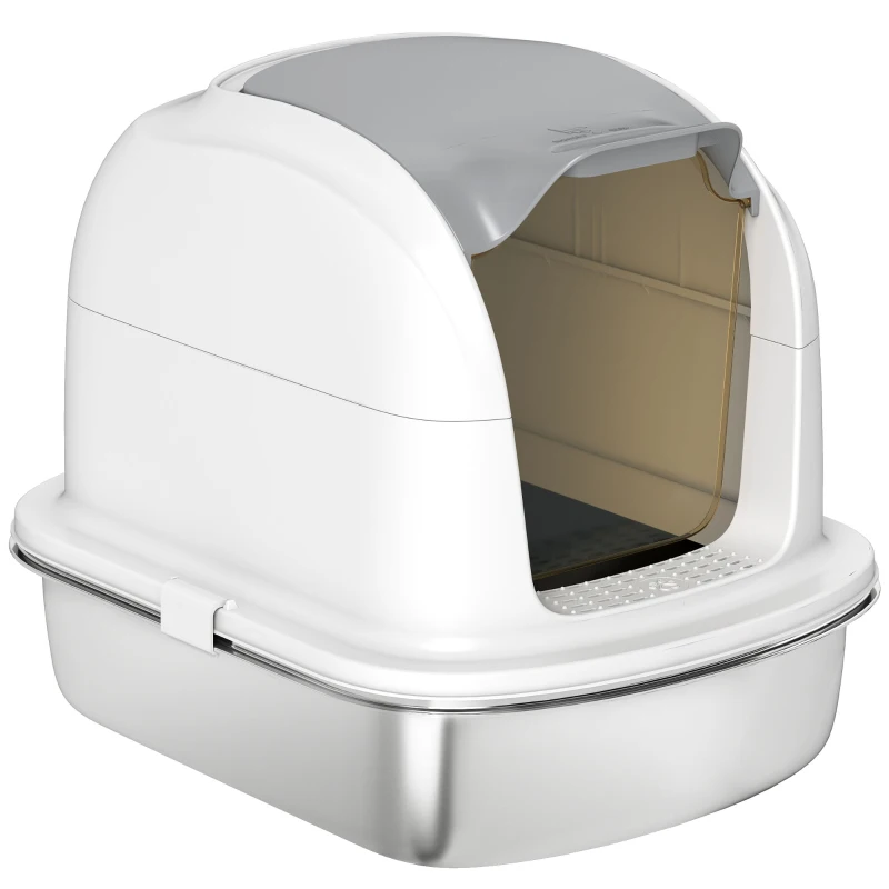 PawHut Litière pour Chats en Acier Inoxydable XL avec Couvercle Abattant Côtés Hauts Entrée Supérieure Pelle Blanc