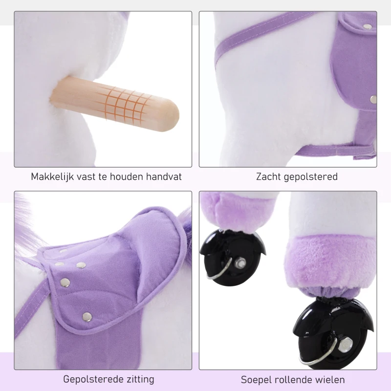 HOMCOM Rijpaard op wielen voortbeweging speelpaard rijdier hinniken pluche paars