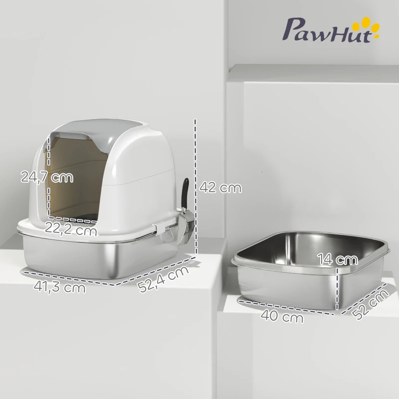 PawHut Litière pour Chats en Acier Inoxydable XL avec Couvercle Abattant Côtés Hauts Entrée Supérieure Pelle Blanc
