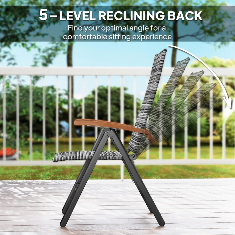 Outsunny Folding Rattan Garden Dining Chair with 5-level Reclining High Back, Wood Armrests for Outdoor, Patio - Light Grey