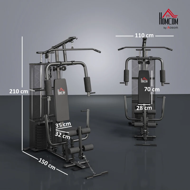 HOMCOM Station de musculation entrainement complet développé couché butterfly barre latissimus curler bande résistance 10 contrepoids 45 kg avec filet de protection acier noir(m-3)