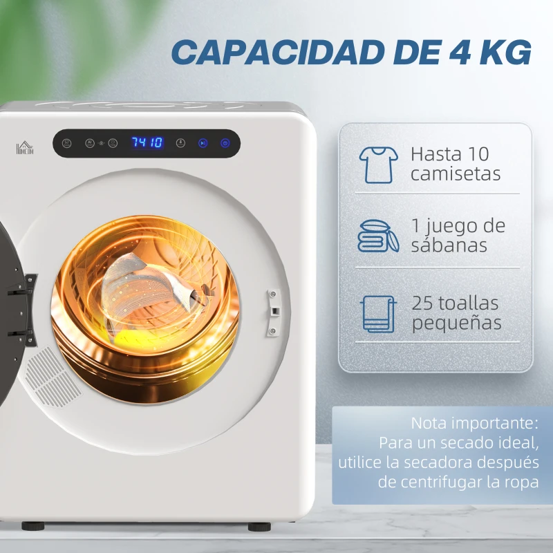 HOMCOM Secadora de Evacuación 3 KG 1000W Función Antiarrugas Función Esterilizar Temporizador Pantalla LED Táctil Blanco