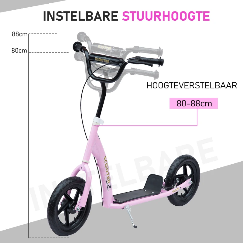 HOMCOM Step, Scooter voor Kinderen, met Handrem, Standaard, 12 Inch Wielen, vanaf 5 Jaar, Staal, Roze 120 x 52 x 88 cm(m-5)