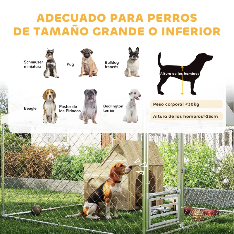 PawHut Perrera de Acero Galvanizado con Toldo Resistente y Estación de Alimentación para Perros 200x200x154 cm Plata