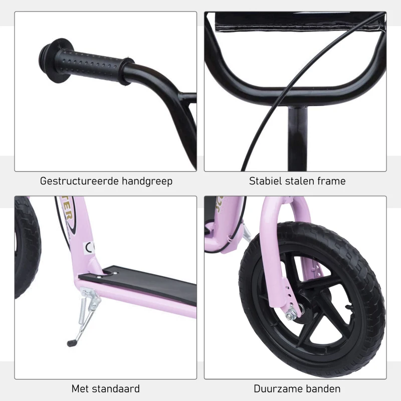 HOMCOM Step, Scooter voor Kinderen, met Handrem, Standaard, 12 Inch Wielen, vanaf 5 Jaar, Staal, Roze 120 x 52 x 88 cm(m-6)