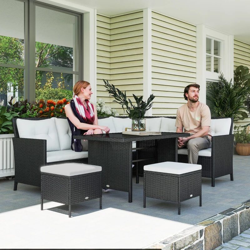 Outsunny Salon de jardin 8 pers. grand confort canapé d'angle + 2 poufs + table à manger 12 coussins assise & dossier fournis polyester écru résine tressée noire