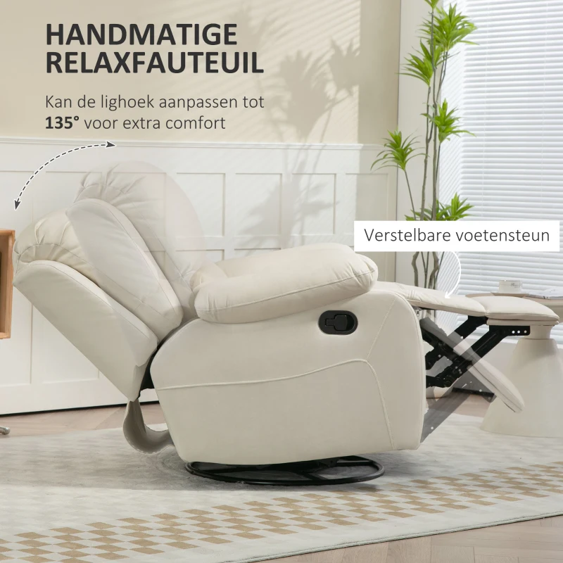 HOMCOM Relaxstoel, verstelbare leuning & voetsteun, draaibaar, tot 150 kg, stalen frame, 93x100x98cm, Crèmewit(m-5)