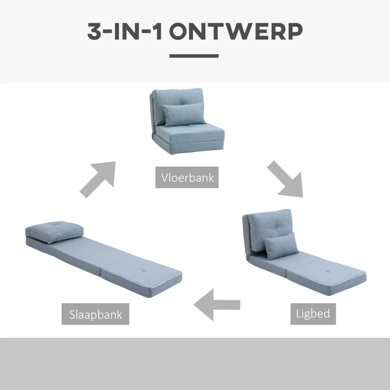 HOMCOM Vloerstoel Opvouwbaar Matras Slaapmat, 2-in-1 design, afneembaar kussen, 60 x 80 x 56 cm, Hemelsblauw