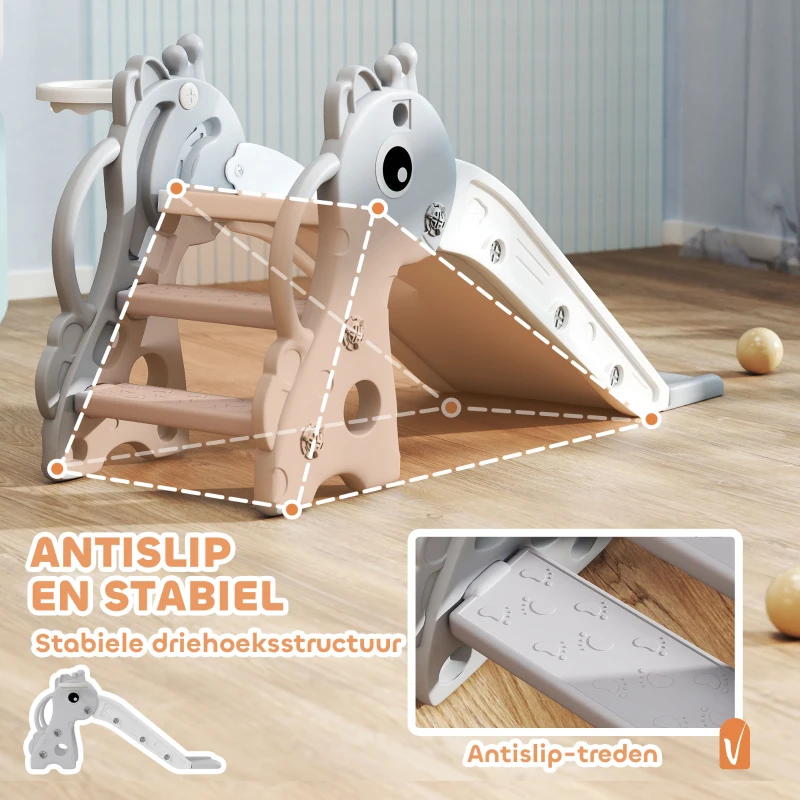 AIYAPLAY 3-in-1 Kinderglijbaan in Giraffenvorm met Basketbalring en Bal, Grijs(m-7)
