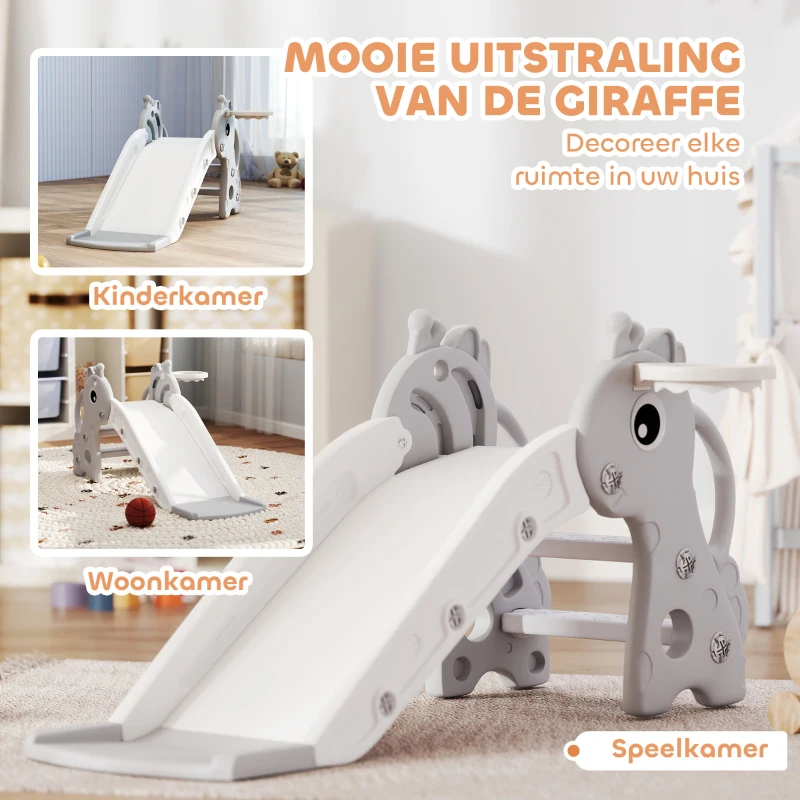AIYAPLAY 3-in-1 Kinderglijbaan in Giraffenvorm met Basketbalring en Bal, Grijs(m-5)
