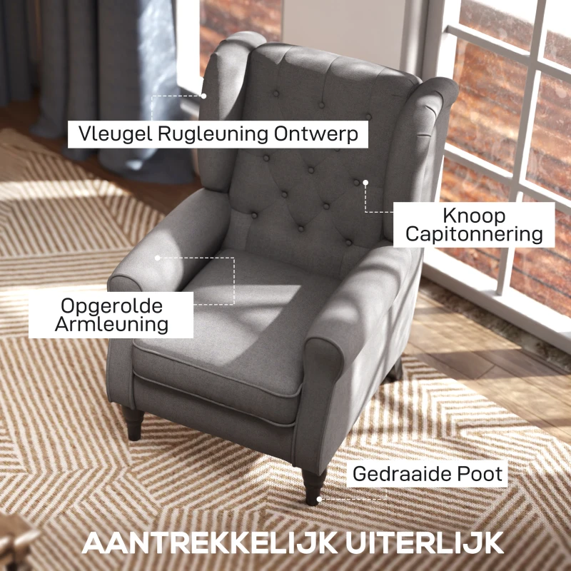 HOMCOM Elegante Oorfauteuil, Dik Gepolsterd, Afneembare Hoes, 74 x 86 x 102 cm, grijs+zwart(m-4)