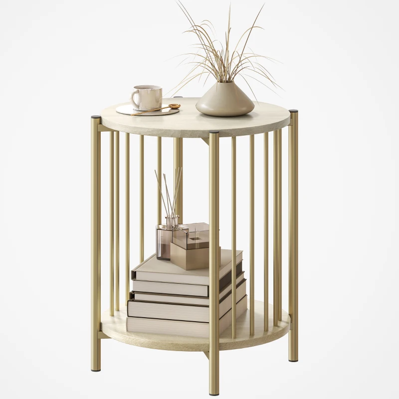 HOMCOM Tavolino Rotondo a 2 Piani con Ripiano di Stoccaggio e Struttura in Acciaio per Soggiorno Camera da Letto Ø41x49 cm Legno Naturale