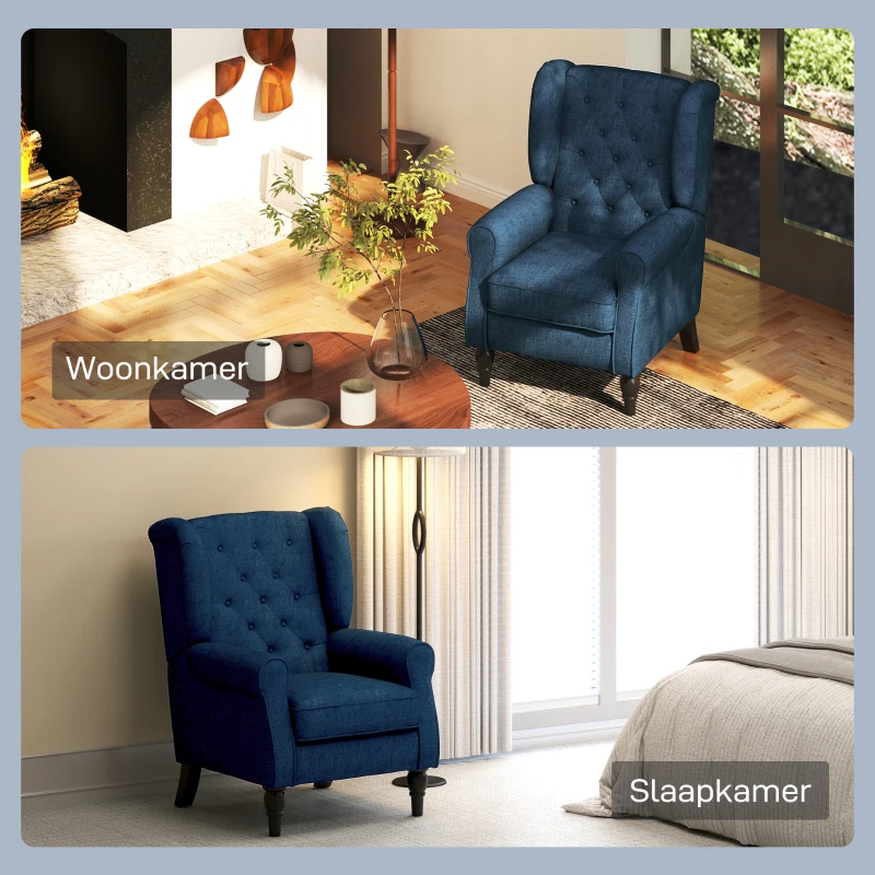 HOMCOM Elegante Oorfauteuil, Dik Gepolsterd, Afneembare Hoes, 74 x 86 x 102 cm, Blauw(m-8)