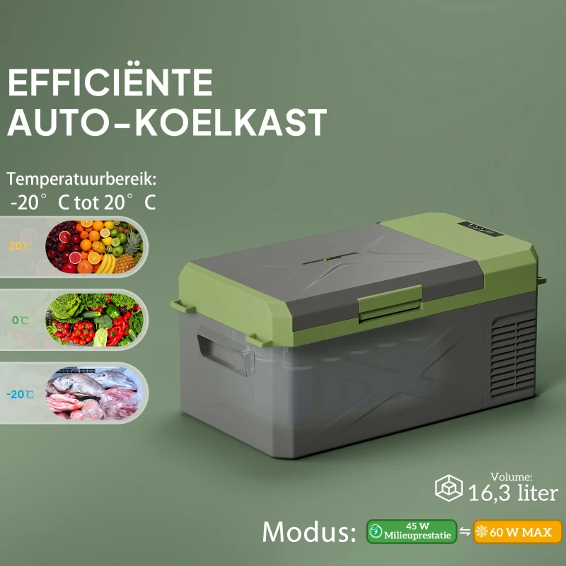Outsunny 16,3 Liter Compressor Koelbox elektrische koelbox met ECO-modus Koelbehoudfunctie Grijs+Groen
